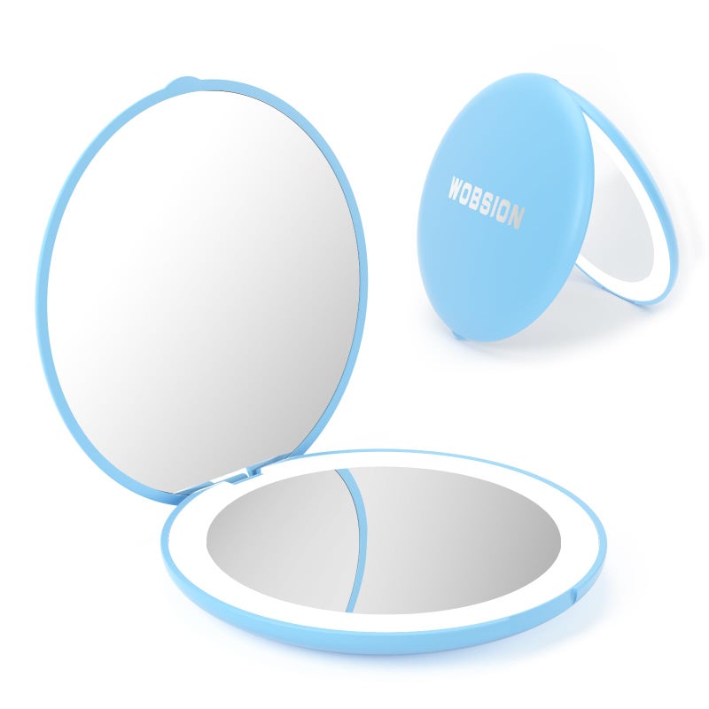 wobsion Travel Makeup Mirror with Light  1x/10x Compact Magnifying Mirror Handheld 2-Sided Pocket Mirror Led Small Mirror for Purse 3.5in Hand Mirror Travel Size Mirror for Handbag Gift Blue - Image 1
